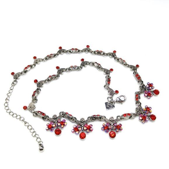 Vintage Cookie Lee Red Rhinestone Necklace, Aurora Borealis Rhinestones, 17 1/2" - Picture 8 of 11